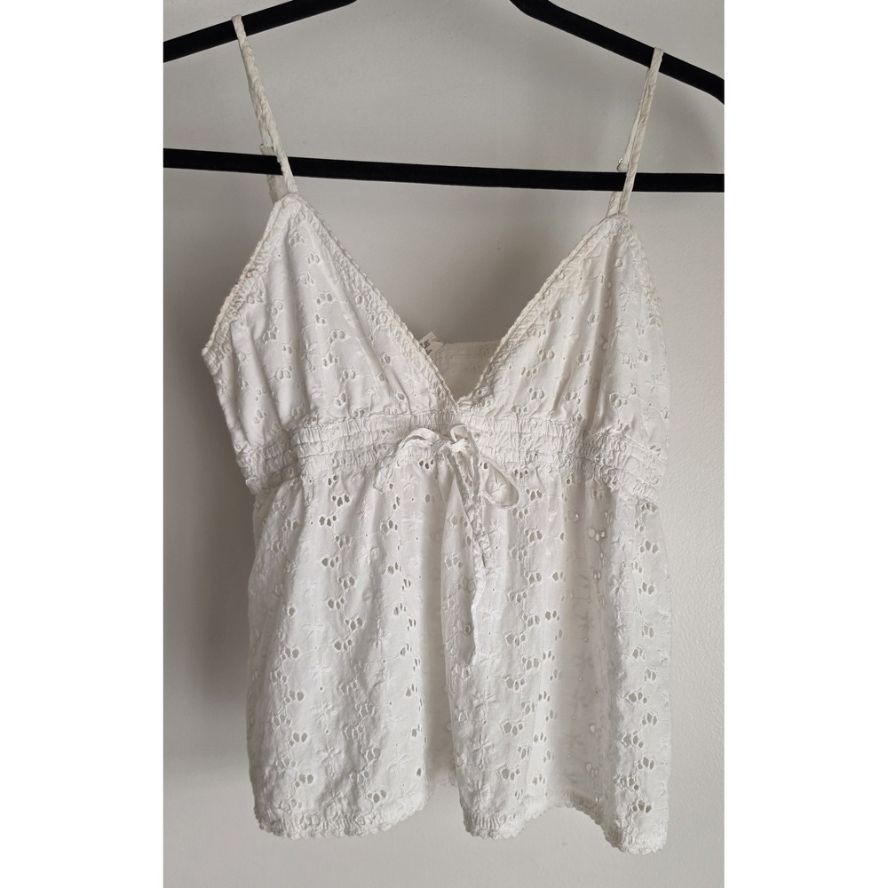 John Galt White Floral Cotton Tank Top Eyelet Babydoll Bow Romantic - Picture 1 of 5